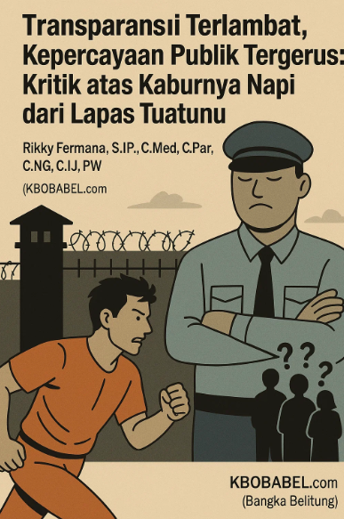 KBOBABEL.COM (Bangka Belitung) - Kabar kaburnya narapidana bernama Zulfikar alias Zul dari Lapas Kelas IIA Tuatunu, Pangkalpinang, bukan hanya menimbulkan kegemparan di masyarakat, tapi juga memperlihatkan dengan terang sebuah ironi yang menyakitkan: lembaga yang seharusnya menjadi simbol keamanan dan ketertiban justru menunjukkan sikap bungkam yang berbahaya. Tak ada pernyataan resmi, tak ada rilis pers, bahkan konfirmasi awal pun diabaikan. Barulah setelah berita viral dan mendapat sorotan publik, muncul pernyataan dan aksi yang digambarkan seolah-olah telah "dilakukan sejak awal".