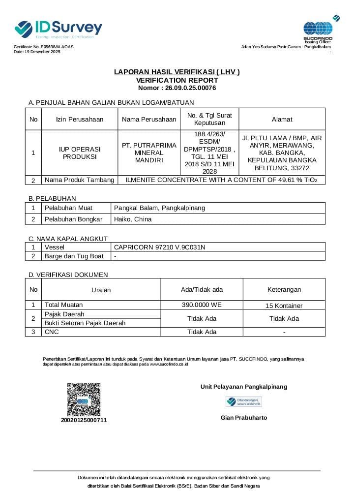 PJSBABEL.COM (PANGKALPINANG) – Rencana ekspor mineral ikutan timah berupa zircon oleh PT Putraprima Mineral Mandiri (PT PMM) yang sempat diamankan Bea Cukai Pangkalbalam dinilai tidak dapat serta-merta disimpulkan sebagai pelanggaran. Hingga saat ini, proses pengujian laboratorium masih berjalan dan belum ada hasil resmi yang menyatakan adanya pelanggaran kepabeanan maupun ketentuan mineral dan batubara (Minerba). Rabu (24/12/2025)