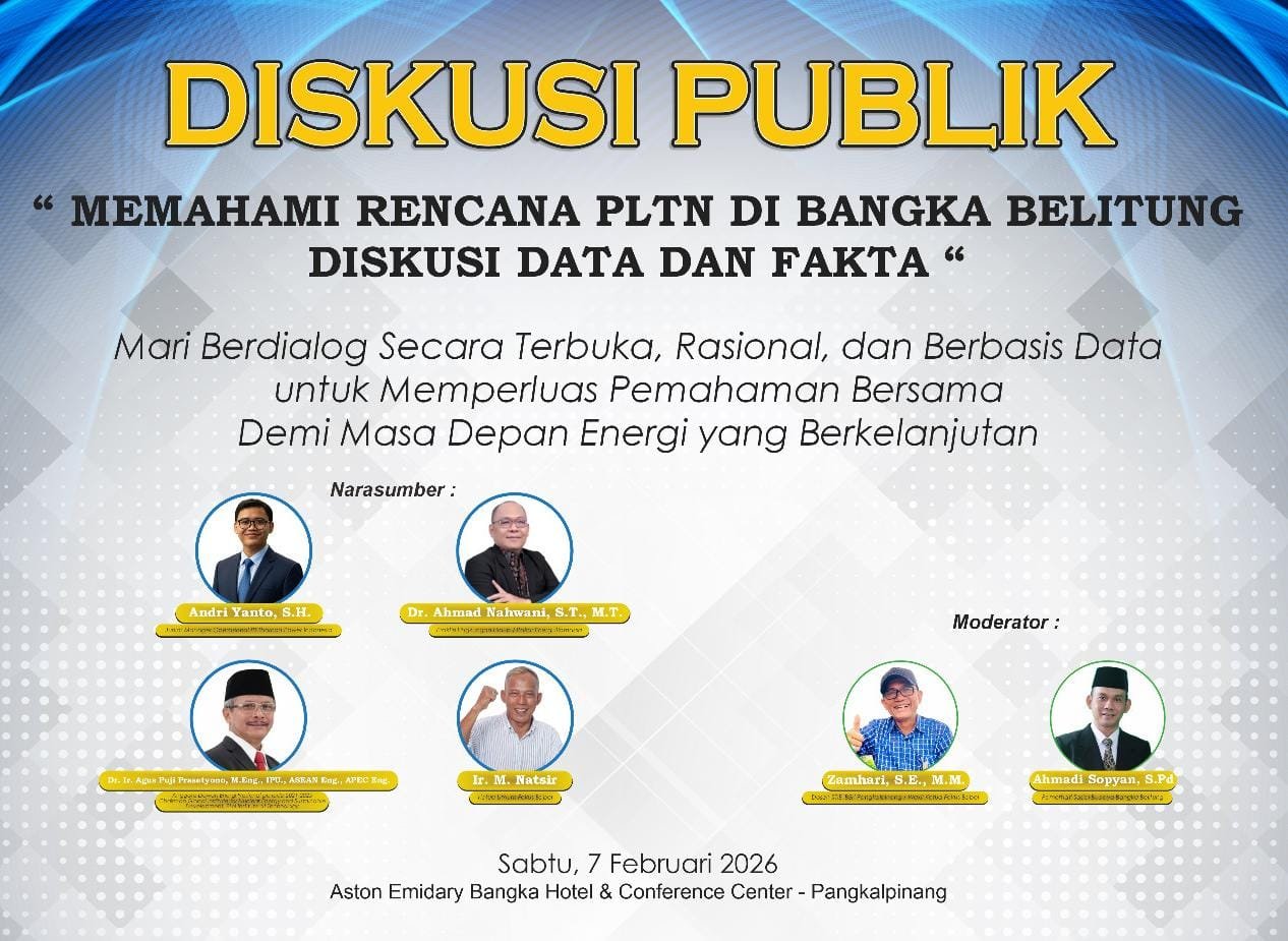 KBOBABEL.COM (PANGKALPINANG) — Wacana pembangunan Pembangkit Listrik Tenaga Nuklir (PLTN) di Bangka Belitung terus bergulir dan memantik beragam respons publik. Di tengah arus informasi yang kerap simpang siur, Forum Unit Kinerja Sarjana Bangka Belitung (Fokus Babel) bersama Kantor Berita Online Bangka Belitung (KBO Babel) mengambil inisiatif menghadirkan ruang dialog yang jernih, berbasis data, dan terbuka untuk semua kalangan. Senin (2/2/2026)