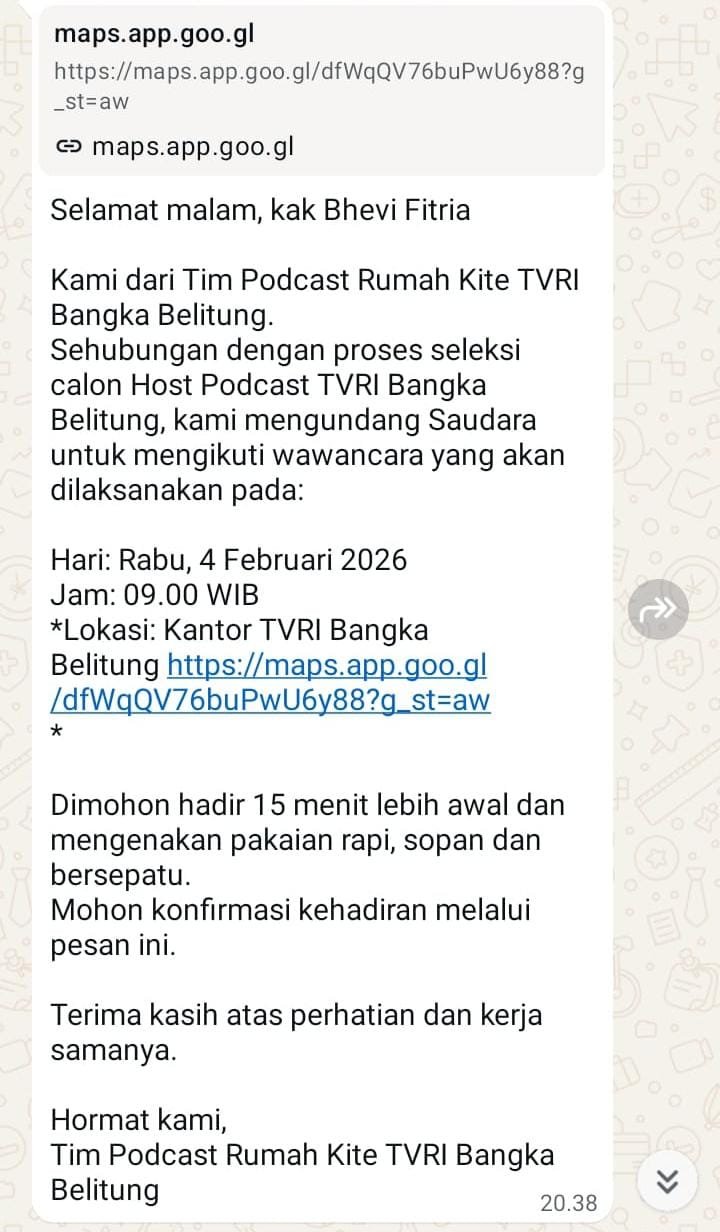 http://KBOBABEL.COM (PANGKALPINANG) —Proses perekrutan host program Podcast “Rumah Kite” yang diproduksi oleh TVRI Bangka Belitung menuai sorotan publik. Sejumlah peserta seleksi mempertanyakan transparansi dan profesionalitas proses rekrutmen setelah program tersebut mulai dipromosikan dengan sosok host yang disebut-sebut tidak pernah terlihat mengikuti tahapan seleksi resmi. Senin (2/3/2026).