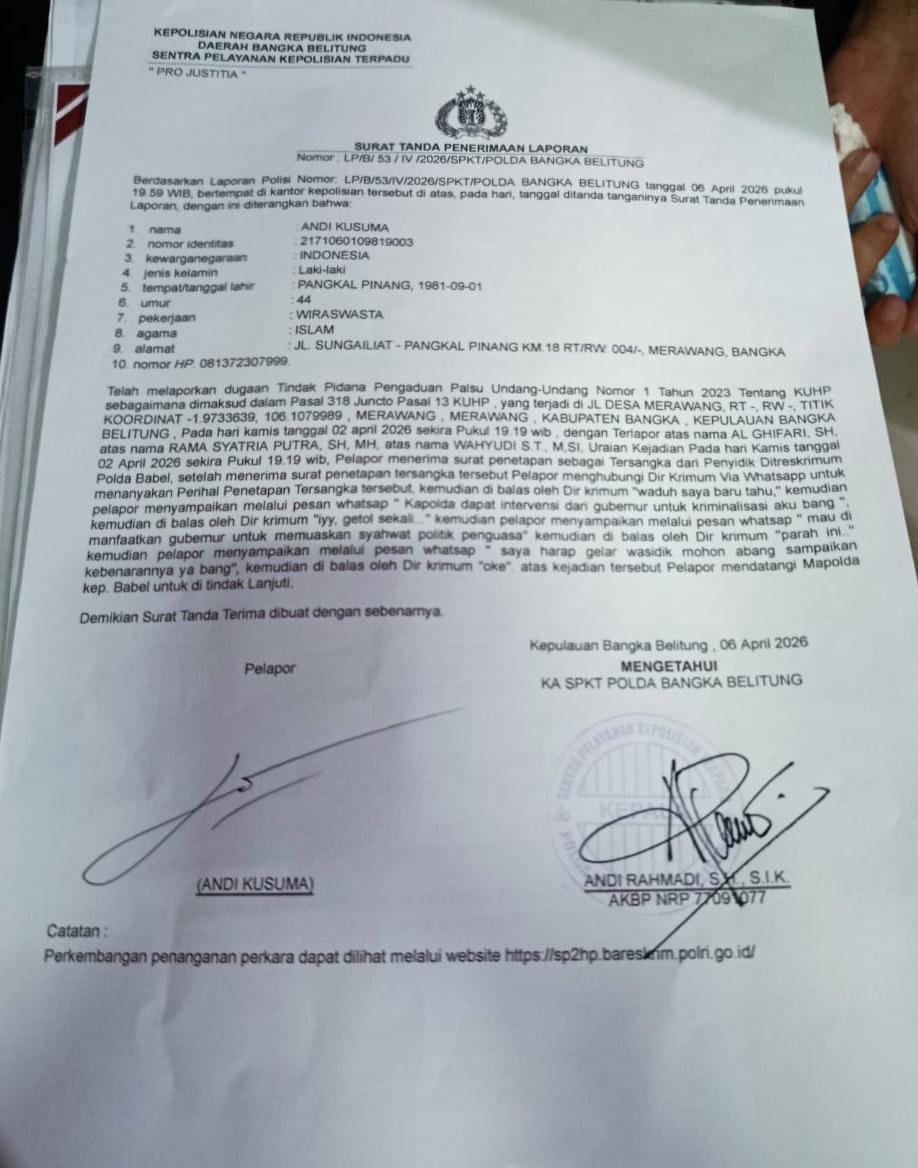 KBOBABEL.COM (PANGKALPINANG) — Dinamika penegakan hukum di Kepulauan Bangka Belitung kembali memanas. Setelah melalui perdebatan panjang dan argumentasi hukum yang berlangsung berjam-jam, laporan pengaduan yang diajukan oleh Andi Kusuma akhirnya resmi diterima oleh Sentra Pelayanan Kepolisian Terpadu (SPKT) Polda Kepulauan Bangka Belitung, Selasa dini hari (7/4/2026).