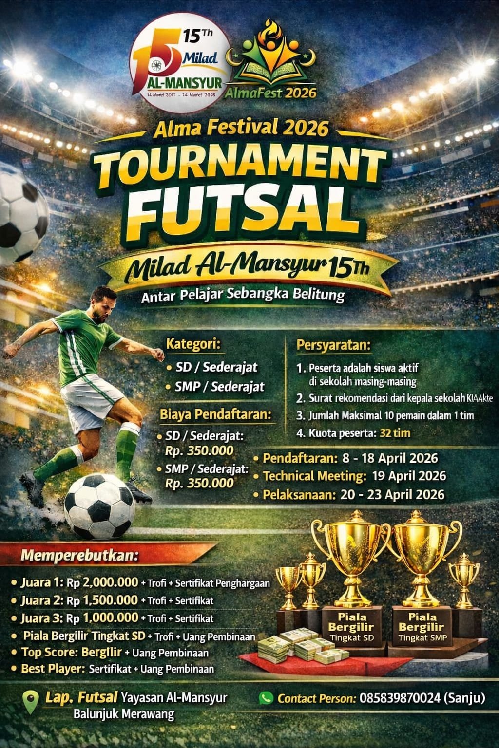 KBOBABEL.COM (BANGKA) — MTs Plus Bahrul Ulum (PBu) Islamic Center menorehkan prestasi gemilang dalam ajang Alma Festival 2026 dengan menunjukkan dominasi penuh di cabang olahraga futsal. Madrasah ini berhasil menyabet Juara 1 dan Juara 2 dalam turnamen futsal antar pelajar se-Bangka Belitung kategori SMP/MTs. Kamis (23/4/2026)