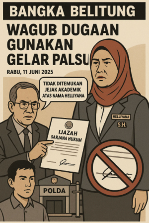 Kasus dugaan penggunaan gelar palsu oleh Wakil Gubernur Kepulauan Bangka Belitung, Helliyana, kini memasuki babak baru yang menggemparkan. Mantan Dekan Fakultas Hukum Universitas Azzahra, Dr. Sulhan, S.H., M.H., secara terbuka mengungkap bahwa tidak ditemukan jejak akademik atas nama Helliyana di institusi tempat ia pernah menjabat. Pengakuan tersebut memperkuat dugaan bahwa gelar Sarjana Hukum (SH) yang tercantum dalam identitas resmi Wakil Gubernur tersebut adalah palsu.Rabu (11/6/2025).