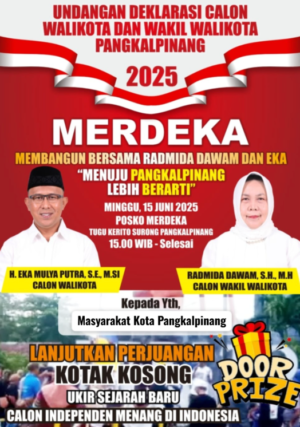 BOBABEL.COM (Pangkalpinang) – Satu langkah lebih dekat menuju panggung Pilkada ulang 2025, pasangan calon Wali Kota dan Wakil Wali Kota Pangkalpinang jalur independen, H. Eka Mulya Putra dan Ramida Dawam, dipastikan lolos dalam verifikasi faktual tahap perbaikan. Kabar menggembirakan ini disampaikan oleh Ridwan Adnan, Ketua Panitia Deklarasi Paslon MERDEKA, Jumat (13/6/2025).