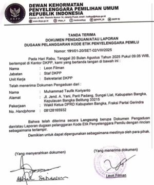 Wakil Ketua DPRD Bangka Resmi Laporkan KPU ke DKPP Terkait Dugaan Pelanggaran Etik