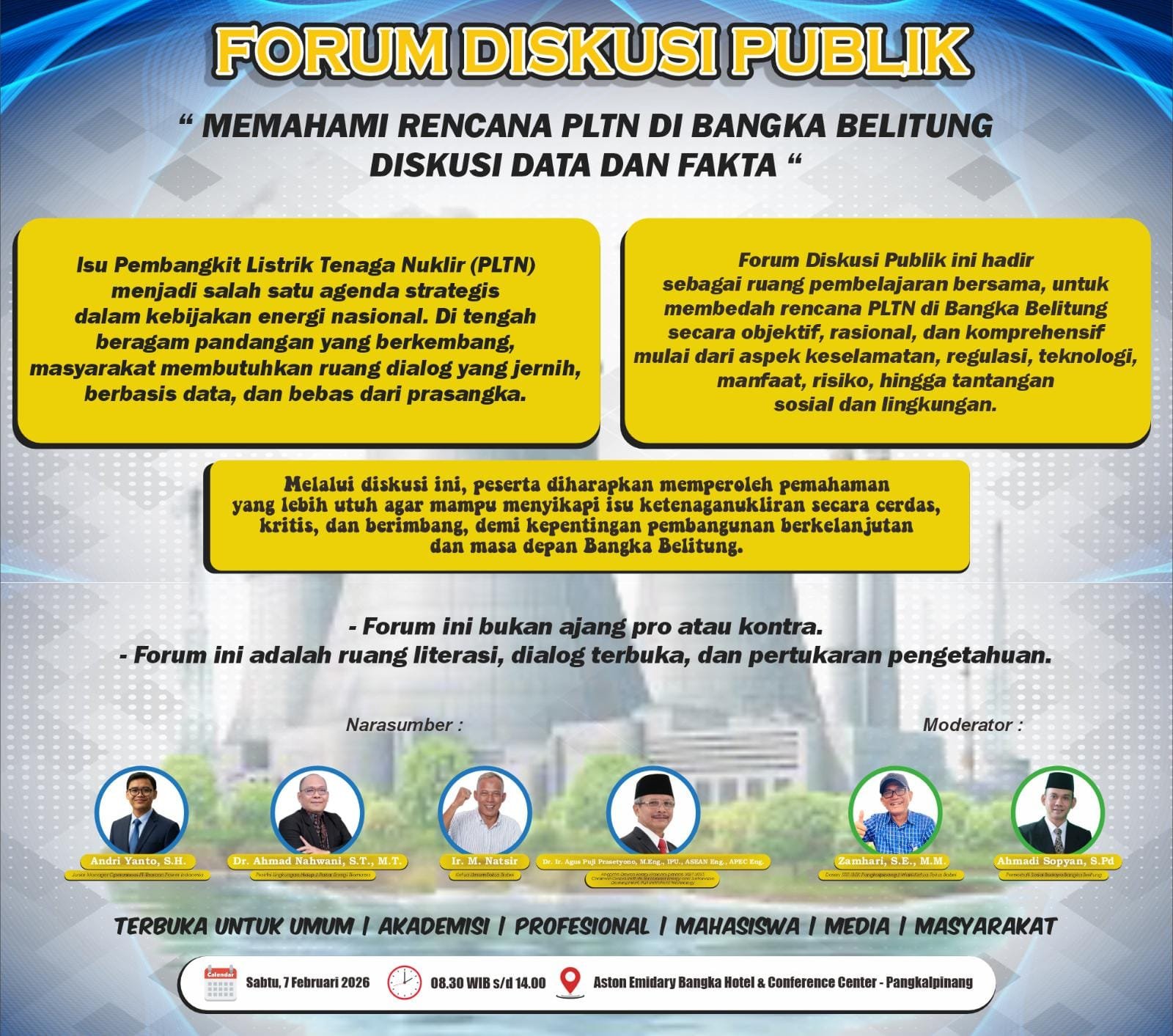 KBOBABEL.COM (PANGKALPINANG) — Wacana pembangunan Pembangkit Listrik Tenaga Nuklir (PLTN) di Bangka Belitung terus bergulir dan memantik beragam respons publik. Di tengah arus informasi yang kerap simpang siur, Forum Unit Kinerja Sarjana Bangka Belitung (Fokus Babel) bersama Kantor Berita Online Bangka Belitung (KBO Babel) mengambil inisiatif menghadirkan ruang dialog yang jernih, berbasis data, dan terbuka untuk semua kalangan. Senin (2/2/2026)
