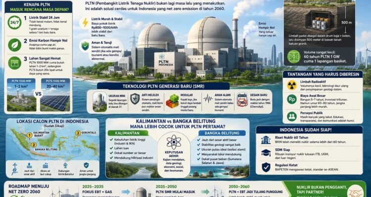 KBOBABEL.COM (BANGKA BELITUNG) - Bayangin tahun 2060 Indonesia udah net zero emission. Pabrik jalan, AC rumah adem, tapi polusi udara udah berkurang drastis. Rahasianya apa? Salah satunya PLTN alias Pembangkit Listrik Tenaga Nuklir. Sabtu (6/6/2026)