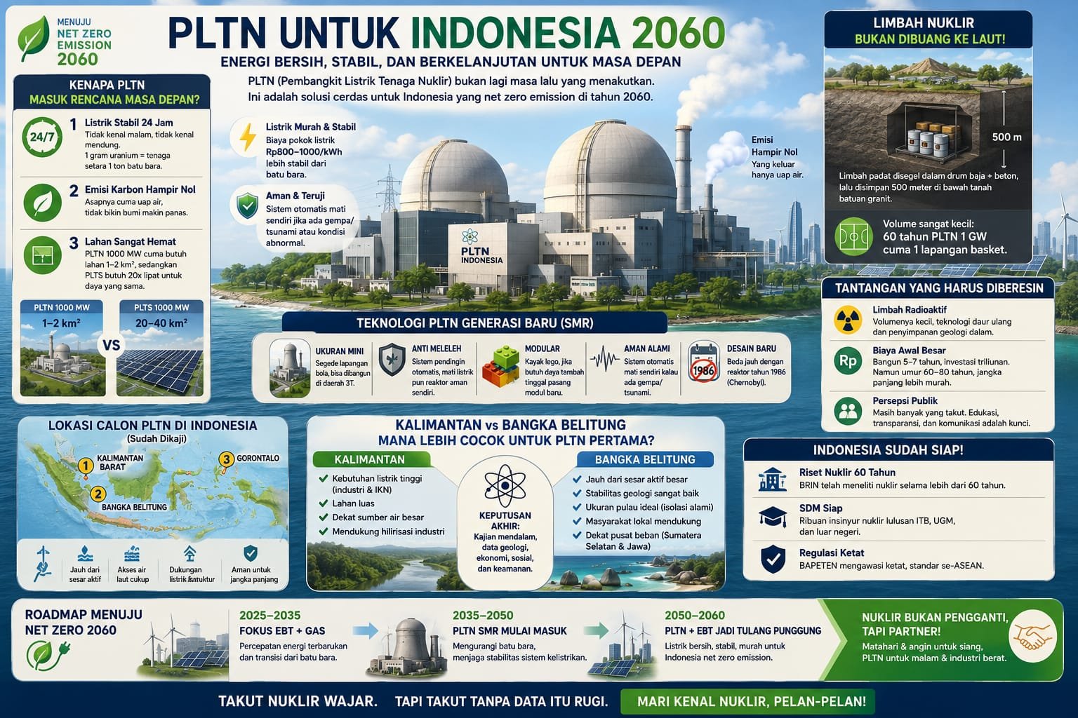 KBOBABEL.COM (BANGKA BELITUNG) - Bayangin tahun 2060 Indonesia udah net zero emission. Pabrik jalan, AC rumah adem, tapi polusi udara udah berkurang drastis. Rahasianya apa? Salah satunya PLTN alias Pembangkit Listrik Tenaga Nuklir. Sabtu (6/6/2026)