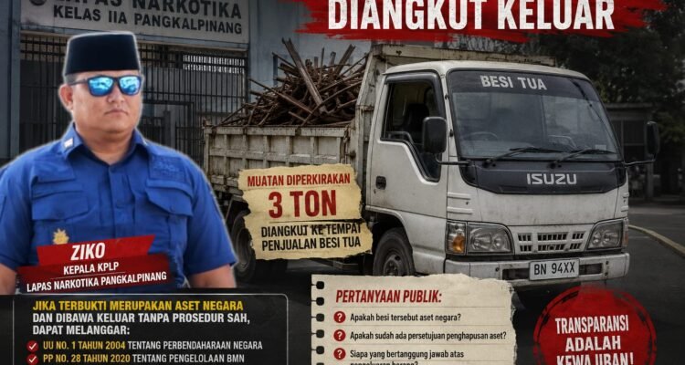 KBOBABEL.COM (PANGKALPINANG) – Dugaan pengangkutan material besi dari lingkungan Lapas Narkotika Kelas IIA Pangkalpinang menggunakan truk engkel Isuzu berwarna putih bernomor polisi BN 94XX memunculkan pertanyaan serius terkait status kepemilikan dan legalitas barang yang dibawa keluar dari area lembaga pemasyarakatan tersebut. Minggu (7/6/2026)