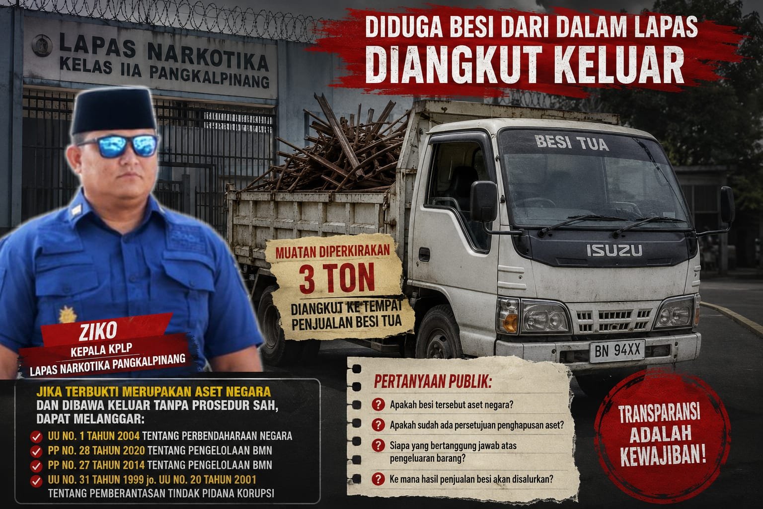 KBOBABEL.COM (PANGKALPINANG) – Dugaan pengangkutan material besi dari lingkungan Lapas Narkotika Kelas IIA Pangkalpinang menggunakan truk engkel Isuzu berwarna putih bernomor polisi BN 94XX memunculkan pertanyaan serius terkait status kepemilikan dan legalitas barang yang dibawa keluar dari area lembaga pemasyarakatan tersebut. Minggu (7/6/2026)