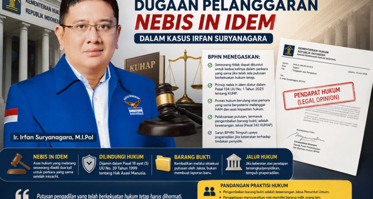 KBOBABEL.COM (JAKARTA) – Kementerian Hukum Republik Indonesia melalui Badan Pembinaan Hukum Nasional (BPHN) memberikan tanggapan resmi atas pengaduan dan permohonan perlindungan hukum yang diajukan Ir. Irfan Suryanagara, M.I.Pol., terkait dugaan kriminalisasi hukum yang menurutnya dialami dalam perkara yang saat ini sedang berproses. Selasa (16/6/2026).