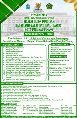 Resmi Dibuka! Seleksi Pimpinan BAZNAS Pangkalpinang 2027–2032, Cek Syarat dan Jadwalnya